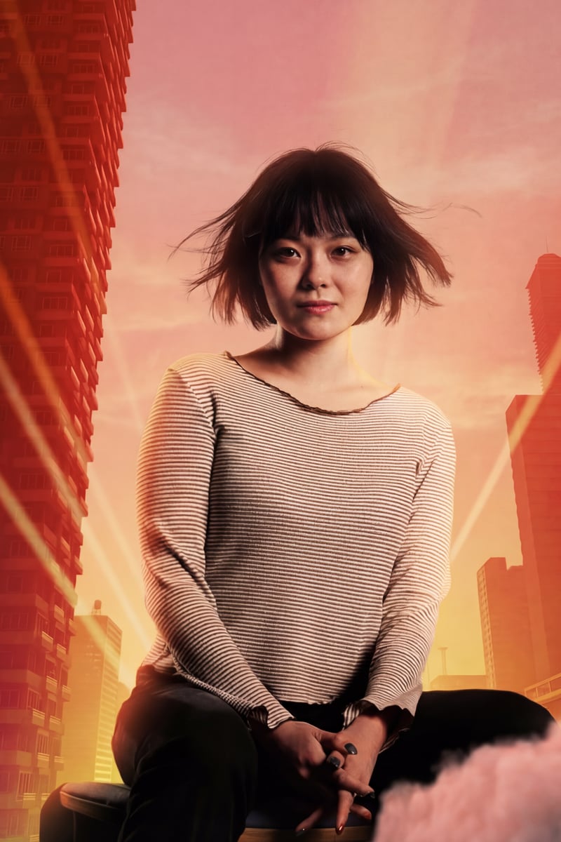 a person sitting on a chair in front of a city