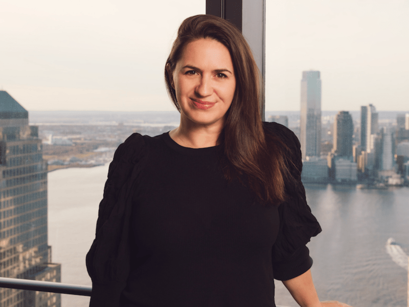 a person standing in front of a window with a city view
